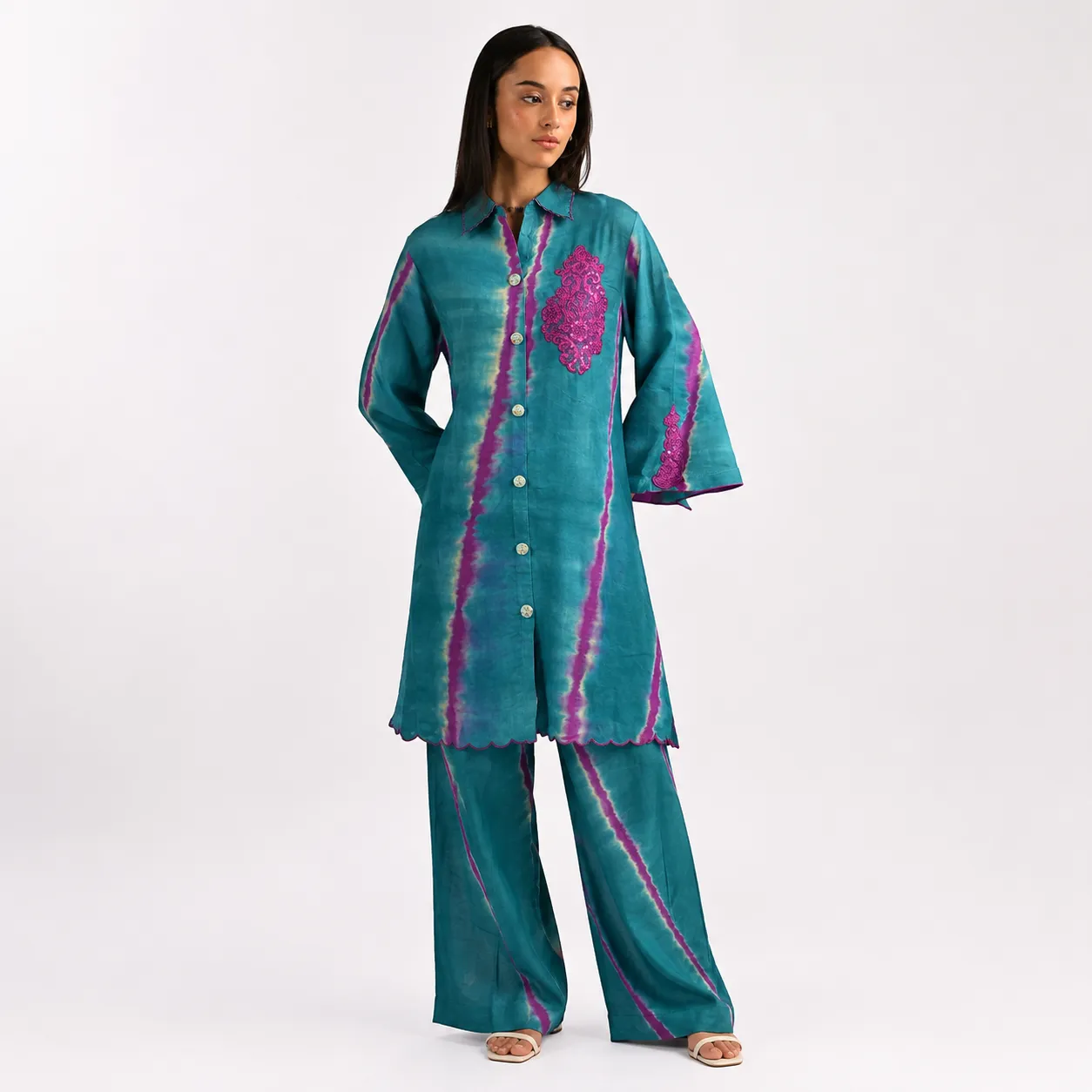 Teal & Fuchsia Tie-Dye Embroidered Tunic Set